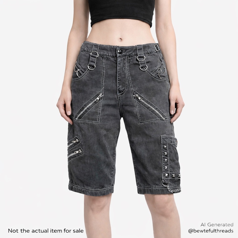 NEVSTUDIO 30 Washed Black Goth Cotton Stud Zip Y2K Shorts
